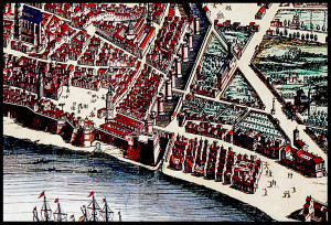 La Carta di Napoli del 1566 incisa da Étienne Dupérac e stampata da Antoine Lafréry è la più importante raffigurazione della città di Napoli nel XVI secolo (particolare della piazza del Mercato, con Sant'Eligio)